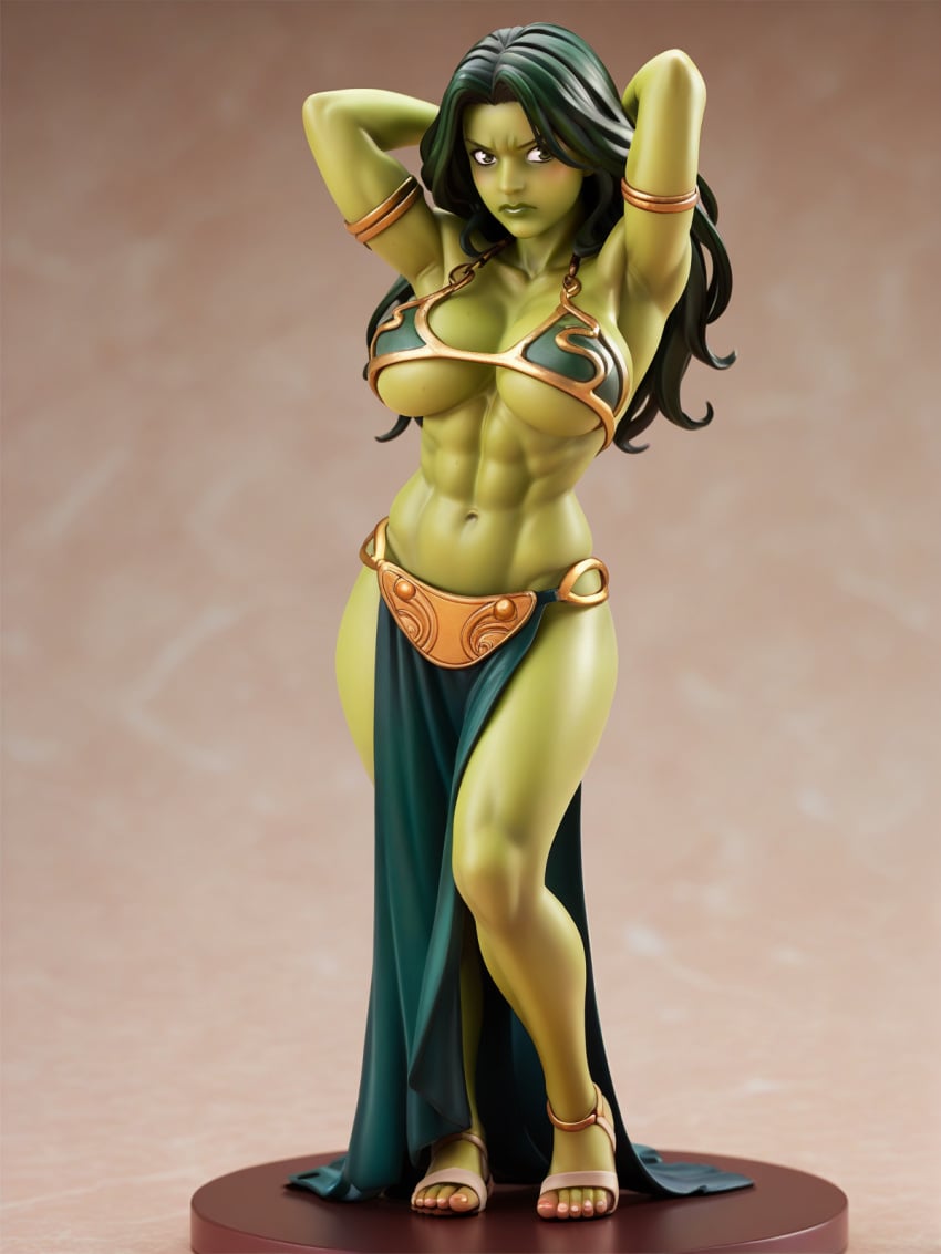 ai_generated ass big_ass big_breasts fat_ass female female_focus figurine hulk_(series) larger_female loincloth male marvel marvel_comics muscles muscular muscular_female pelvic_curtain she-hulk slave_bikini slave_leia_(cosplay) slave_outfit