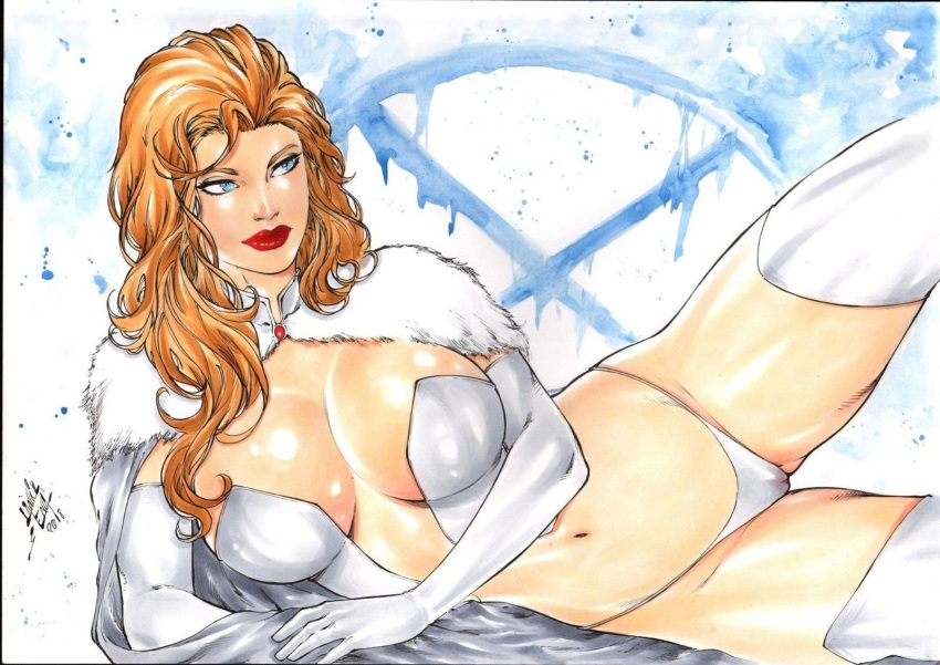 1girls 2018 abstract_background bed belly_button big_breasts blonde_hair blue_background blue_eyes bra breasts busty cameltoe curvaceous curvy dated ed_benes_studio emma_frost female female_only fur fur_coat fur_collar fur_trim gloves hellfire_club homo_superior human lanio_sena long_hair lying lying_on_side marvel marvel_comics midriff mutant navel panties pinup red_lips red_lipstick sheets signature sleeves solo stockings stomach superheroine supervillain telepath thick_thighs thighs voluptuous white_bra white_fur white_gloves white_panties white_queen white_sleeves white_stockings x-men