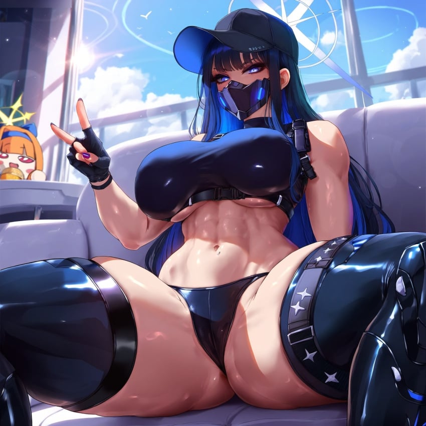 ai_generated blue_archive blue_eyes blue_hair cameltoe covered_nipples from_below huge_breasts indoors klausherbert looking_at_viewer muscular_female saori_(blue_archive) sitting spread_legs v_sign
