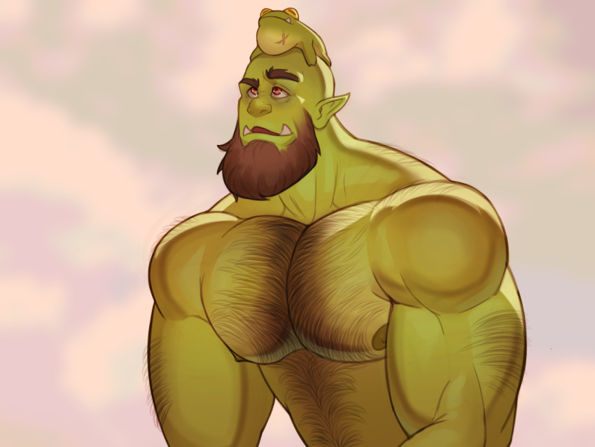 abs bara beard biceps green-skinned_male green_body green_skin hairy_chest male male_nipples male_only manly mature_male muscular_male nipples nude orc orc_male pecs pointy_ears skayous solo solo_male teeth teeth_visible tusks