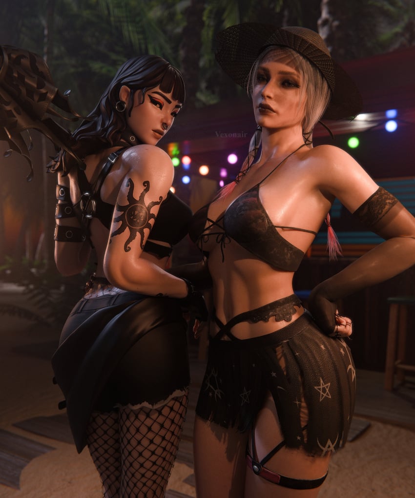 2girls 3d armwear bikini bikini_top black_eyeliner black_eyeshadow black_lipstick black_nails crossover dbd dead_by_daylight detached_sleeves earrings eyeliner eyeshadow fingerless_gloves fishnet_stockings fishnets fortnite goth goth_girl hat lipstick nose_piercing nose_ring painted_nails phaedra_(fortnite) rings sable_ward swimsuit tattoo tattooed_arm vexonair wet