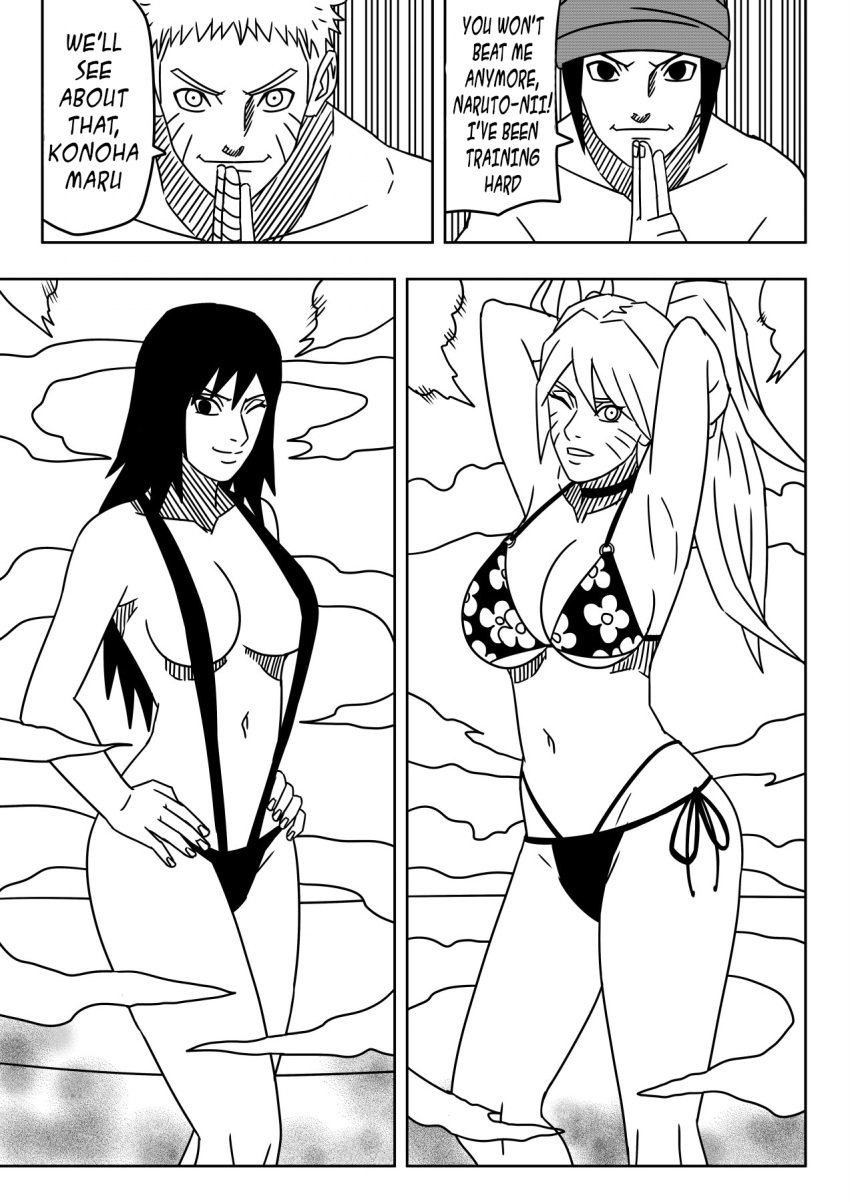 2boys 2girls beach big_breasts bikini breasts canon_genderswap cleavage comic competition dialogue english_text female female_focus female_konohamaru floral_print floral_print_bikini genderswap_(mtf) hand_sign huge_breasts long_hair male male_focus multiple_boys multiple_girls naruko naruto naruto:_the_last naruto_(series) naruto_shippuden ninrubio one-piece_swimsuit outdoors pose posing posing_for_the_viewer rule_63 sarutobi_konohamaru seaside sexy_no_jutsu short_hair sling_bikini slingshot_swimsuit steam story swimsuit take_your_pick tied_hair transformation translated twintails uzumaki_naruto wink