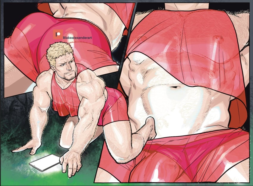 1boy abs ass attack_on_titan bara blake_alexander_art blonde_hair closed_mouth covered_nipples crop_top erection facial_hair highres kneeling large_pectorals male_focus male_only male_underwear mappa multiple_views muscular muscular_male navel nipples patreon_username pectorals penis pink_male_underwear pink_shorts reiner_braun see-through shingeki_no_kyojin short_hair shorts underwear