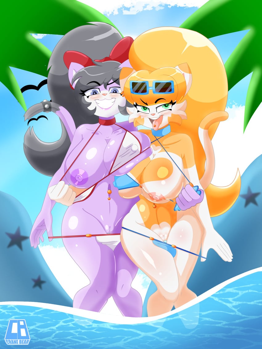 absurd_res anthro big_breasts bikini blonde_hair breasts cherry_(mlock) clothing cranebear domestic_cat duo felid feline felis female genitals grey_hair hair hi_res jessica_young_melis mammal purple_body purple_skin pussy ribbons swimwear two-piece_swimsuit