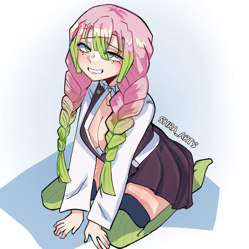 archived_source clothed demon_slayer dressed exposed_breasts green_hair kanroji_mitsuri kneeling nervous pink_hair shra_arts solo solo_female worried_expression yes