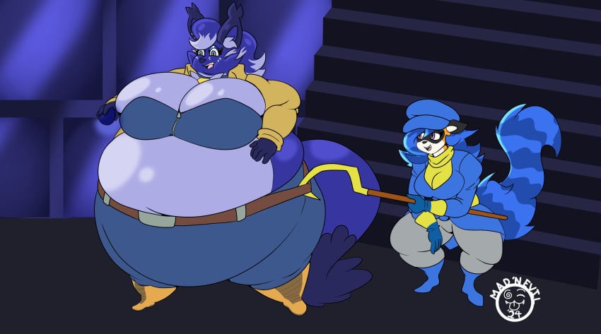 2girls bbw big_breasts blueberry_inflation breasts carmelita_fox_(cosplay) cleavage female furry huge_breasts mad_n_evil nickit overweight pokemon pokemon_(species) sly_cooper_(cosplay) tagme thick_thighs wide_hips