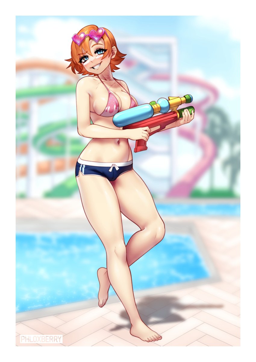 1girls bikini_top blue_eyes female female_only ginger human large_breasts nora_valkyrie rwby short_shorts smiling solo tagme water_gun water_park