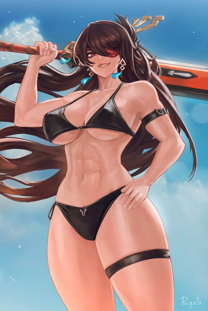 1girls abs alternate_costume arm_strap beidou_(genshin_impact) bikini black_bikini black_hair blue_sky breasts cleavage cloud collarbone earrings gatery genshin_impact getary hair_ornament hair_over_one_eye hair_stick hand_on_own_hip holding holding_weapon jewelry light-skinned_female light_skin looking_at_viewer mihoyo milf navel one_eye_covered outdoors red_eyes revealing_clothes signature smile smiling_at_viewer sole_female solo_female standing stomach swimsuit sword sword_over_shoulder tassel toned_female very_long_hair weapon_over_shoulder