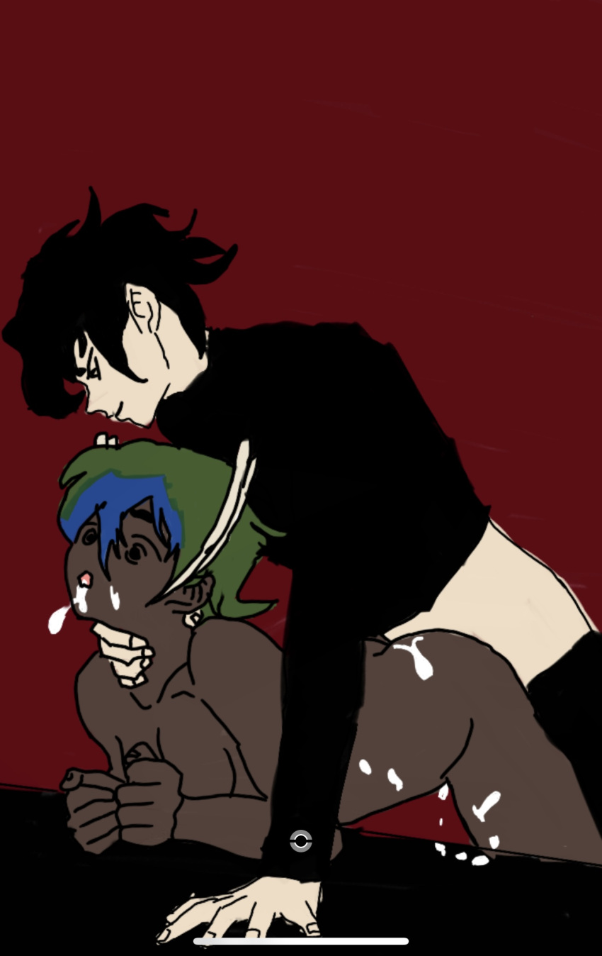 assideo black_hair blue_green_hair brown_skin cum doggy_style laotionexte oc sylvin white_skin