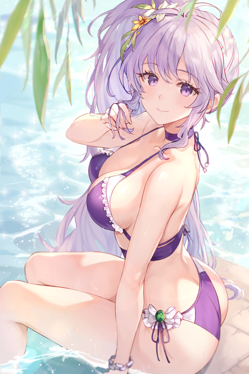 1girls absurdres alternate_costume ass big_ass bikini bracelet breasts commission female female female_only fire_emblem fire_emblem:_genealogy_of_the_holy_war flower hair_flower hair_ornament highres ishtar_(fire_emblem) jewelry nintendo panties ponytail purple_bikini purple_eyes purple_hair purple_swimsuit shanabi0610 side-tie_bikini_bottom side-tie_panties side_ponytail solo swimsuit underwear watermark