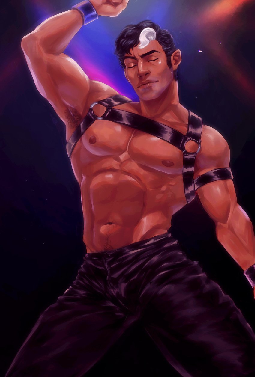 1boy armpit_hair armpits batman_(series) biceps black_hair closed_eyes dancing dc dc_comics jason_todd leather_clothing leather_harness male male_focus male_only muscles muscular muscular_male nightclub pecs red_hood_(dc) solo solo_focus tan_skin