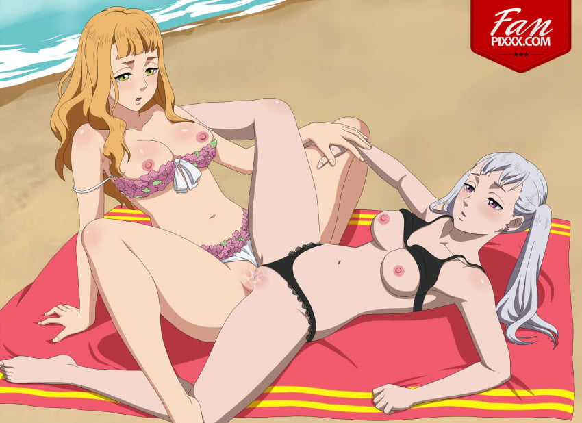 2girls beach bikini black_bikini black_clover breasts brown_hair cousins female female_only flower_bikini lying mimosa_vermillion multiple_girls nipples noelle_silva outdoors rex rubbing_pussy scissoring white_hair yuri