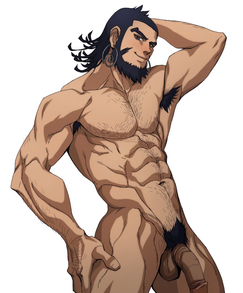 1boy abs absurdres ainu armpit_hair armpit_hair_peek bara blue_eyes completely_nude cowboy_shot earrings excessive_armpit_hair excessive_pubic_hair eyelashes facial_hair fokma_(zoisek1) golden_kamuy hairy highres hoop_earrings jewelry kiroranke large_pectorals long_sideburns looking_at_viewer male_focus male_only male_pubic_hair mature_male muscular muscular_male navel nipples nude pectorals penis pubic_hair seductive_smile sideburns smile solo standing stomach uncensored