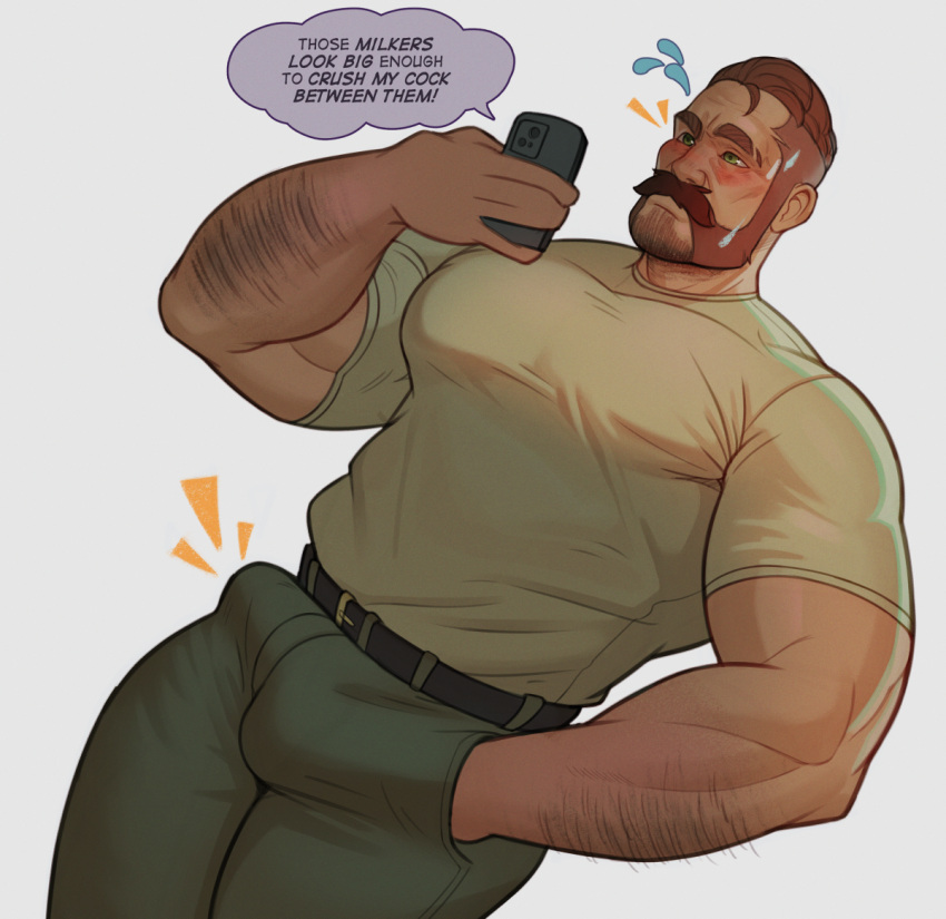 bara beard beefy big_bulge blush boner bulge clothing daddy dilf english_text erection erection_under_clothes huge_bulge male male_only manly mature_male moustache muscular_male penis_outline skayous solo solo_male text tight_clothing