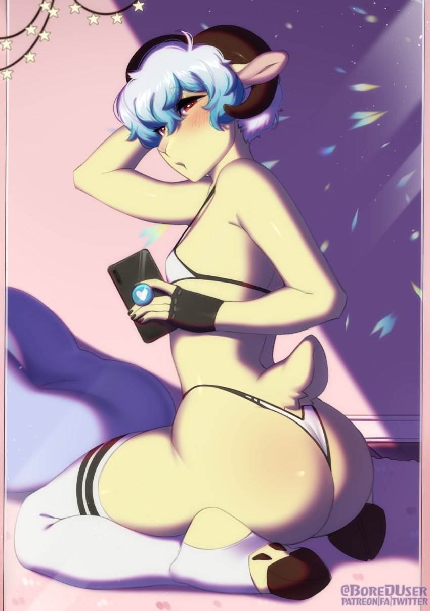 anthro ass bestboychiba blush bored_user bovid bra caprine clothing electronics femboy hi_res hooves horn legwear looking_at_viewer male mammal panties phone scut_tail selfie sheep short_tail solo stockings tail underwear