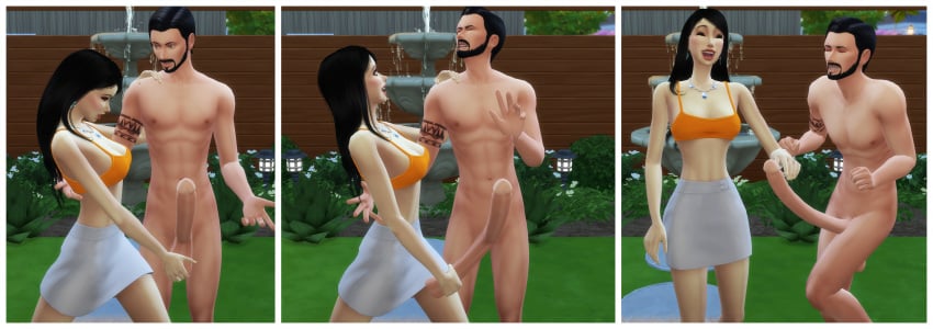 1boy 1girls 2019 3d balls beard big_penis black_hair brown_hair cock_and_ball_torture couple devious_desires deviousdesires erect_penis erection female garden grabbing grabbing_balls grabbing_penis long_hair long_penis male matrixsims normal_breasts nude_male orange_top outdoors pain penis skirt smile tattoo the_sims the_sims_4