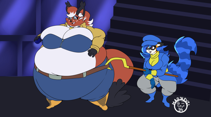 2girls bbw big_breasts breasts carmelita_fox_(cosplay) cleavage female furry huge_breasts mad_n_evil nickit overweight pokemon pokemon_(species) sly_cooper_(cosplay) tagme thick_thighs wide_hips