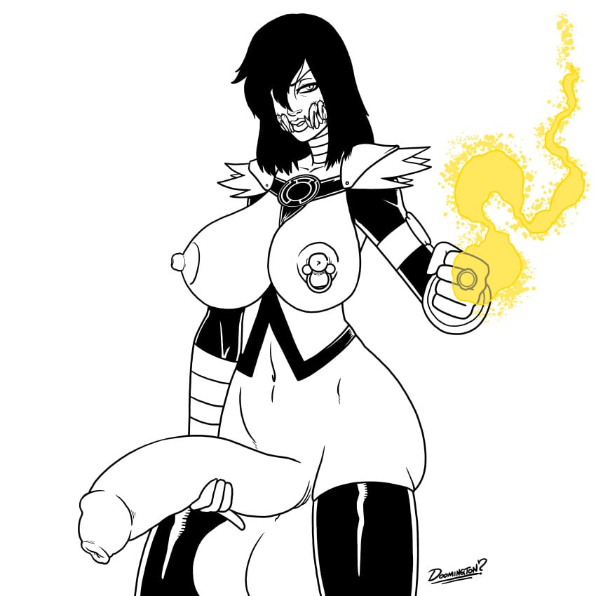 1futa 2d breasts cosplay crossover dc dc_comics doomington foreskin futa_only futanari green_lantern_(series) huge_balls huge_cock intersex long_foreskin looking_at_viewer mileena monochrome mortal_kombat nipple_piercing penis_grab sinestro_corps uncut yellow_lantern