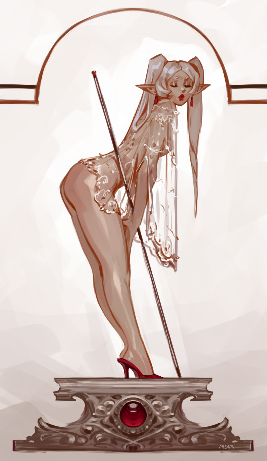 1girls closed_eyes clothing earrings elf elf_ears female female_only frieren heels high_heels misami pointy_ears red_earrings red_heels red_high_heels red_lipstick see-through see-through_clothing see-through_top solo sousou_no_frieren spear white_hair