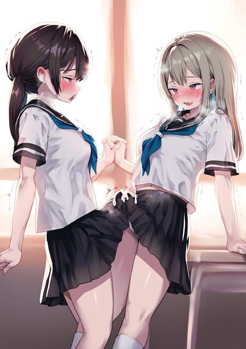 2futas absurdres arm_support ayanakitori black_hair black_skirt blonde_hair blue_neckerchief blush breasts clothed clothing cum cum_on_clothes duo ejaculation erection_under_clothes frottage futa_on_futa futa_only futa_with_futa futanari grey_hair highres holding_hands human interlocked_fingers light-skinned_futanari light_skin long_hair medium_hair mostly_clothed multiple_girls neckerchief original penis penises_touching red_eyes school_uniform serafuku shirt short_sleeves skirt standing sweat tenting textless_version trembling twintails white_shirt