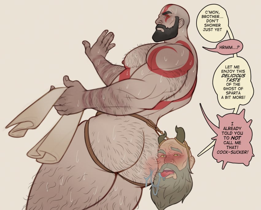 abs ass bara beard biceps blush daddy daddy_kink dilf english_text erect_nipples gay god_of_war god_of_war_ragnarok hairy hairy_ass hairy_male kratos male male/male male_nipples male_only manly mature_male mimir_(god_of_war) muscular_male nipples nude pecs skayous text wet yaoi