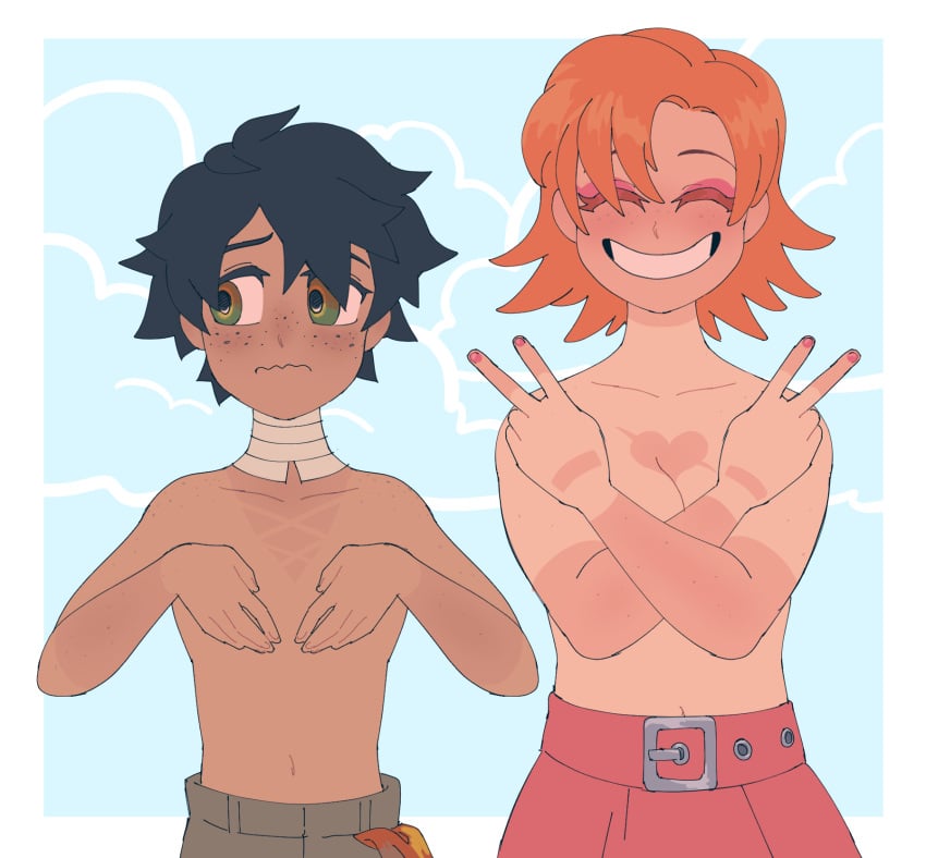 1boy 1girls black_hair female hazel_eyes human male nora_valkyrie orange_hair oscar_pine pink_eyeshadow rwby tagme tanline topless topless_female