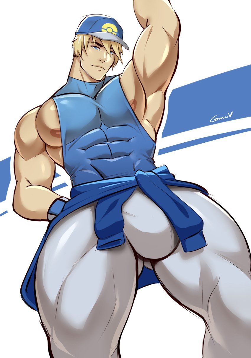 abs abs_visible_through_clothing arm_up armpits baseball_cap blonde_hair bulge clothes_around_waist gasaiv looking_at_viewer looking_down looking_down_at_viewer low-angle_view male male_only muscular muscular_arms muscular_chest muscular_thighs nipples original_character pecs pov pov_eye_contact skin_tight sleeveless sleeveless_shirt solo standing standing_over_viewer sweater_around_waist sweatpants tight_clothing
