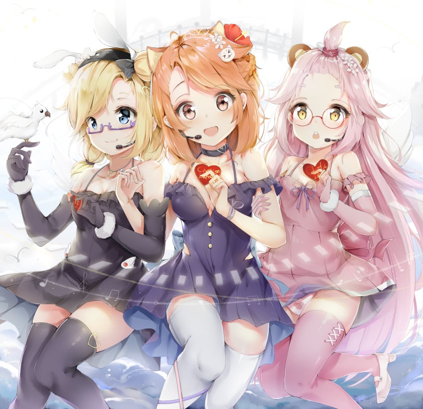 3girls animal animal_ears animal_print bare_shoulders bear_ears bear_panties bear_print bird black_dress black_legwear blonde_hair blue_dress blue_eyes blue_ribbon blush breasts brown_eyes bunny_ears cat_ears cleavage clothing collarbone commentary_request dress elbow_gloves eyebrows_visible_through_hair flower glasses gloves hair_flower hair_ornament headset heart highres holding holding_heart long_hair looking_at_viewer medium_breasts medium_hair multiple_girls orange_hair original panties pink_dress pink_gloves pink_hair pink_legwear print_panties pumps ribbon small_breasts thighhighs underwear white_legwear white_panties yellow_eyes