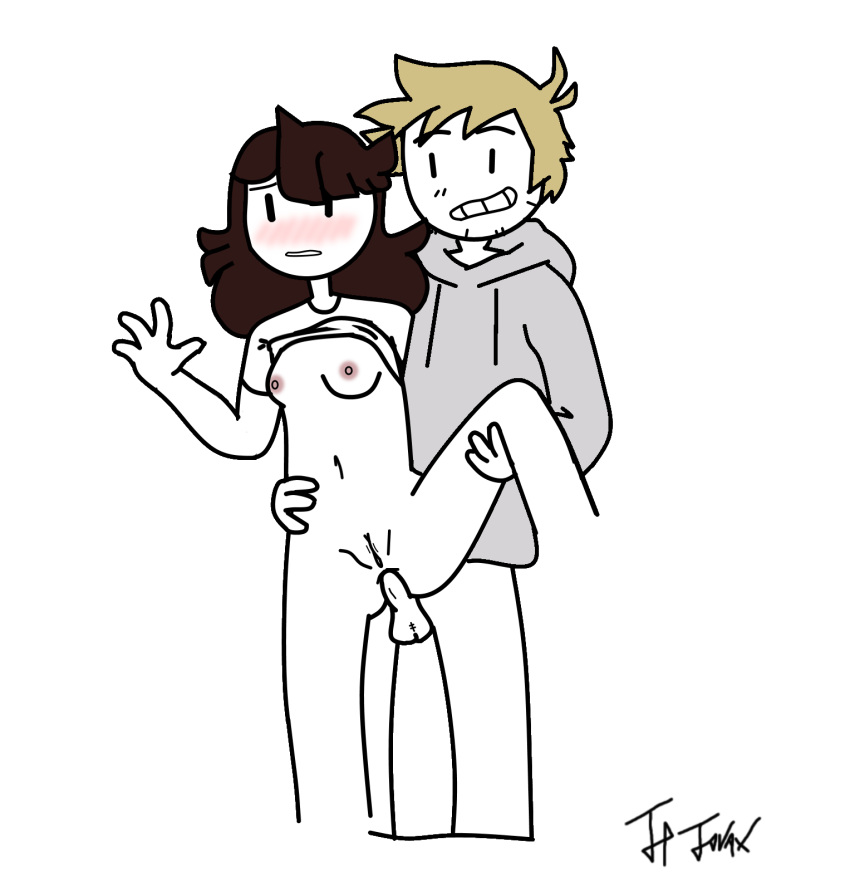 1boy 1girls anal anal_sex blonde_hair blush breasts brown_hair female hoodie jaiden jaiden_animations jpjavax leg_lift long_hair male male_penetrating penis pussy sex shirt_lift short_hair that_airport_guy youtube youtuber