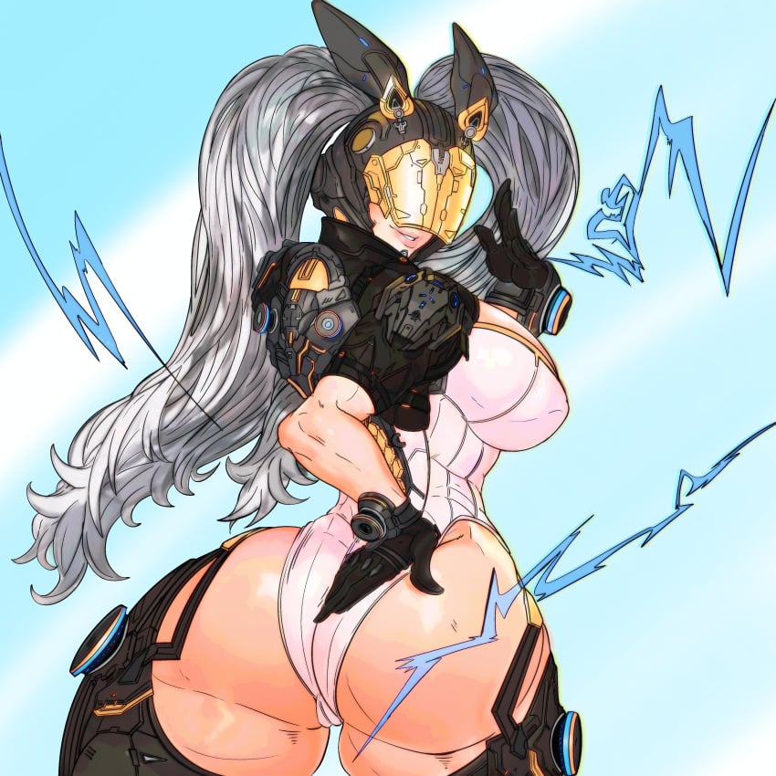 2d ass ass_focus back_muscles back_view bunny_(the_first_descendant) busty cybernetics female_focus female_only lightning_bolt mask master_dcj mdcj77 overboob ponytails power_display silver_hair single_female skin_tight solo_female speedster super_speed the_first_descendant twintails ultimate_bunny