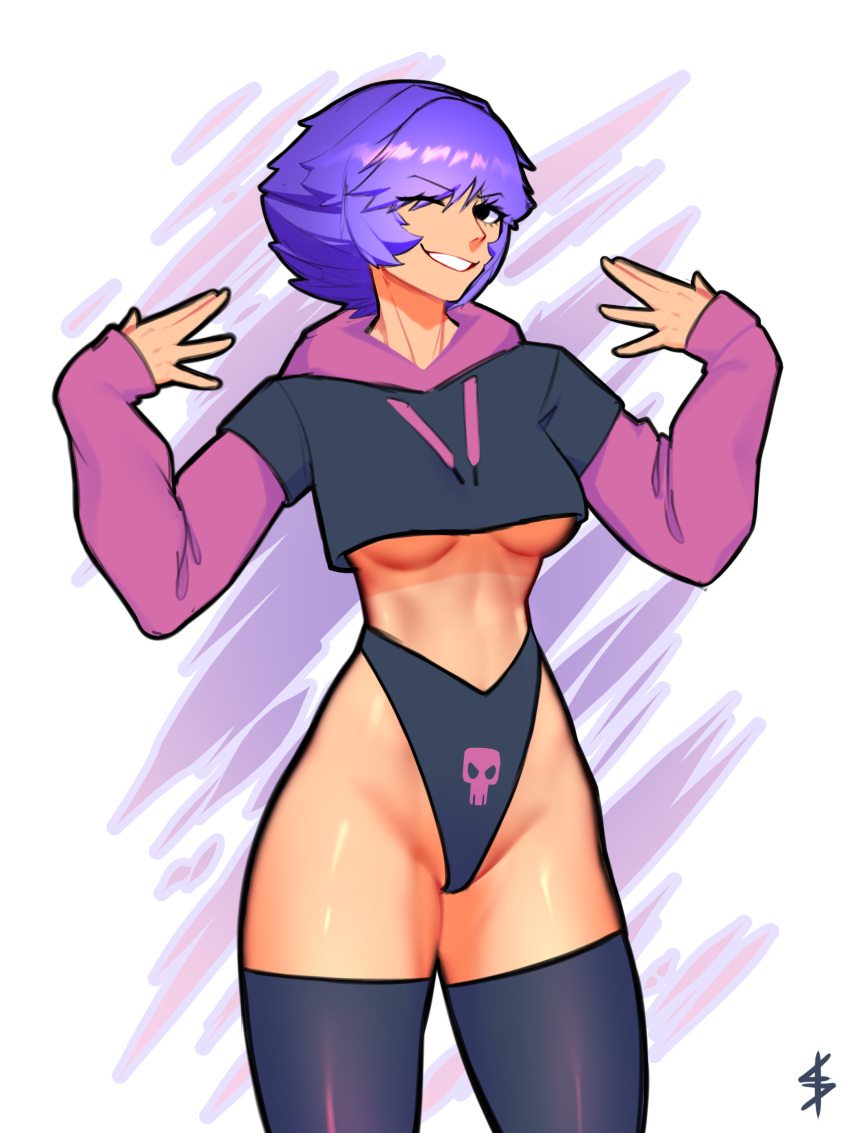 black_eyes cheeky clothed clothing cropped_hoodie hand_gesture hoodie kodyparbs midriff no_bra_under_clothes one_eye_closed paggi_outfit purple_hair revealing_clothes shiny_hair shiny_skin short_hair smile solo thighhighs underboob wink