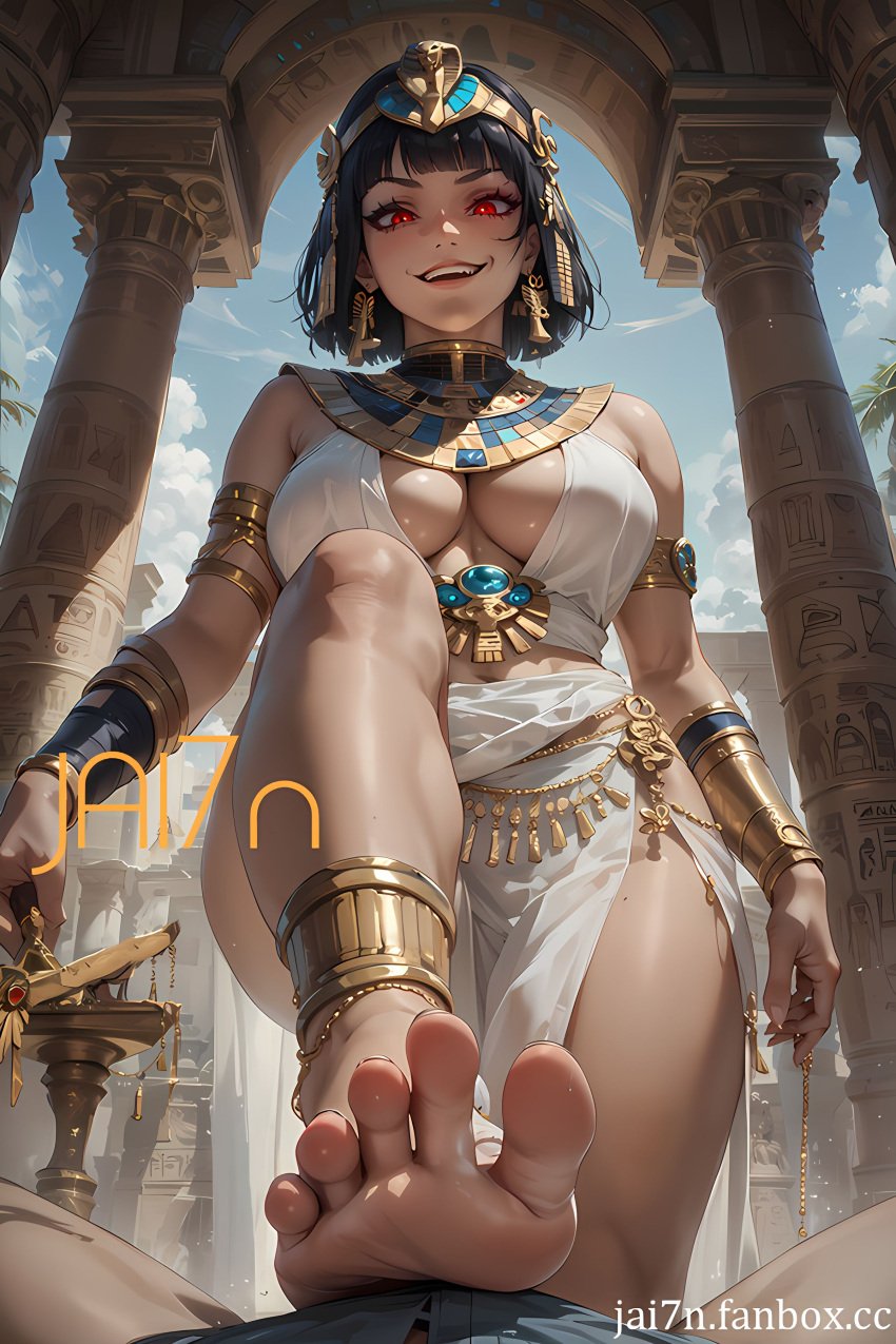 ai_generated big_breasts black_hair bulge bulge_through_clothing cleavage_cutout dominant_female egyptian egyptian_clothes egyptian_female evil_grin evil_smile feet femdom foot_fetish foot_focus foot_play foot_worship footjob footjob_over_clothes footjob_with_one_foot from_below grin hd jewelry queen red_eyes smirking stepped_on stepping_on_balls stepping_on_male stepping_on_penis thick_thighs