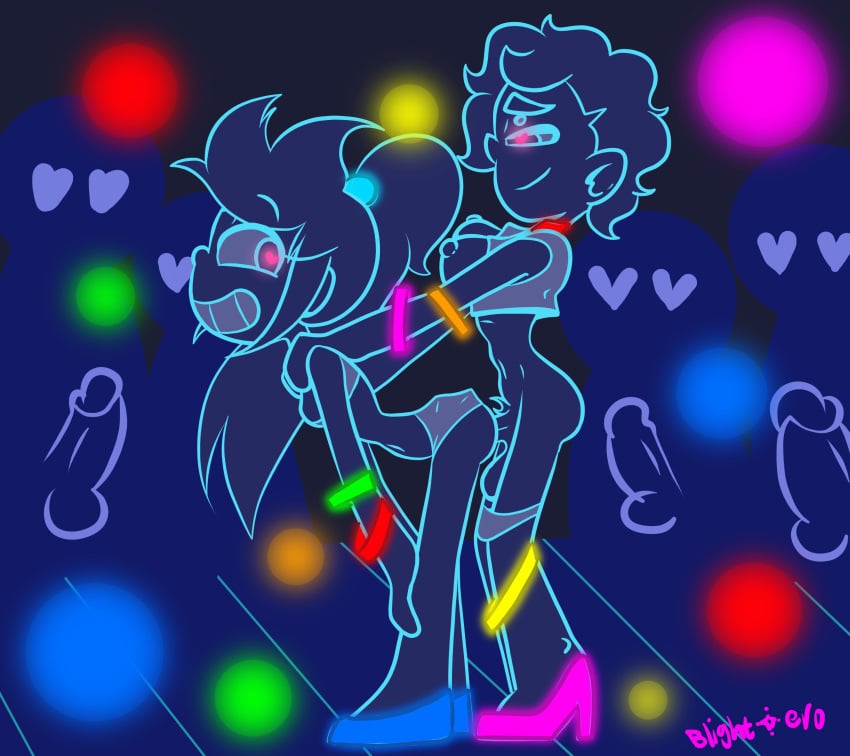 2futas 4boys ambiguous_penetration artist_name balls bent_over blacklight blightstar bottomless breasts breasts_out clothed clothing couple crowd duo emily_(blightstar) futa_on_futa futa_only futanari glowing glowing_outline glowstick heart-shaped_pupils heels human interracial intersex jess_(blightstar) large_breasts long_hair looking_back neon nightclub original original_character panties_down partially_clothed penis pubic_hair public public_nudity public_sex rave sex short_hair smile standing tagme watching