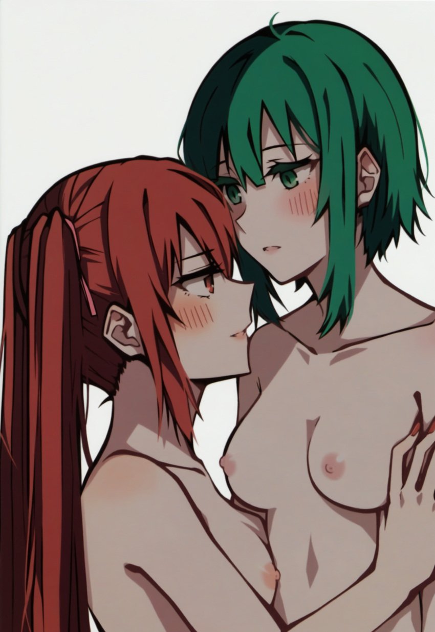 2girls ai_generated akari_oborodzuka areolae autismmix blush breasts collarbone completely_nude green_eyes green_hair grey_background gumi hair_ribbon hand_on_another's_arm hatsune_miku light_smile long_hair looking_at_another masa_works_design medium_breasts milua multiple_girls nipples novelai nude onibi_series parted_lips profile red_eyes red_hair red_nail_polish red_nails ribbon ryou_shishikusa short_hair short_hair_with_long_locks sidelocks simple_background small_breasts straight_hair twintails upper_body vocaloid yuri