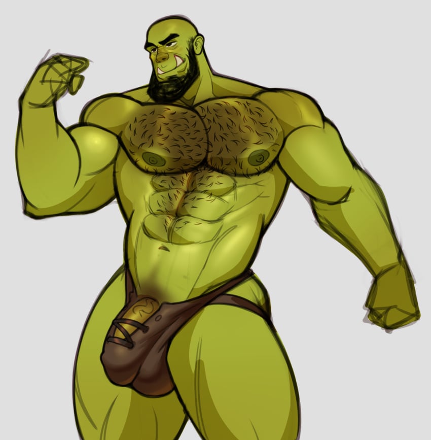 abs bara beard biceps big_bulge big_penis bulge bulge_through_clothing flaccid green-skinned_male green_body green_skin hairy_chest male male_nipples male_only muscular_male nipples orc orc_male pecs penis penis_outline pointy_ears skayous solo solo_male teeth teeth_visible tusks underwear