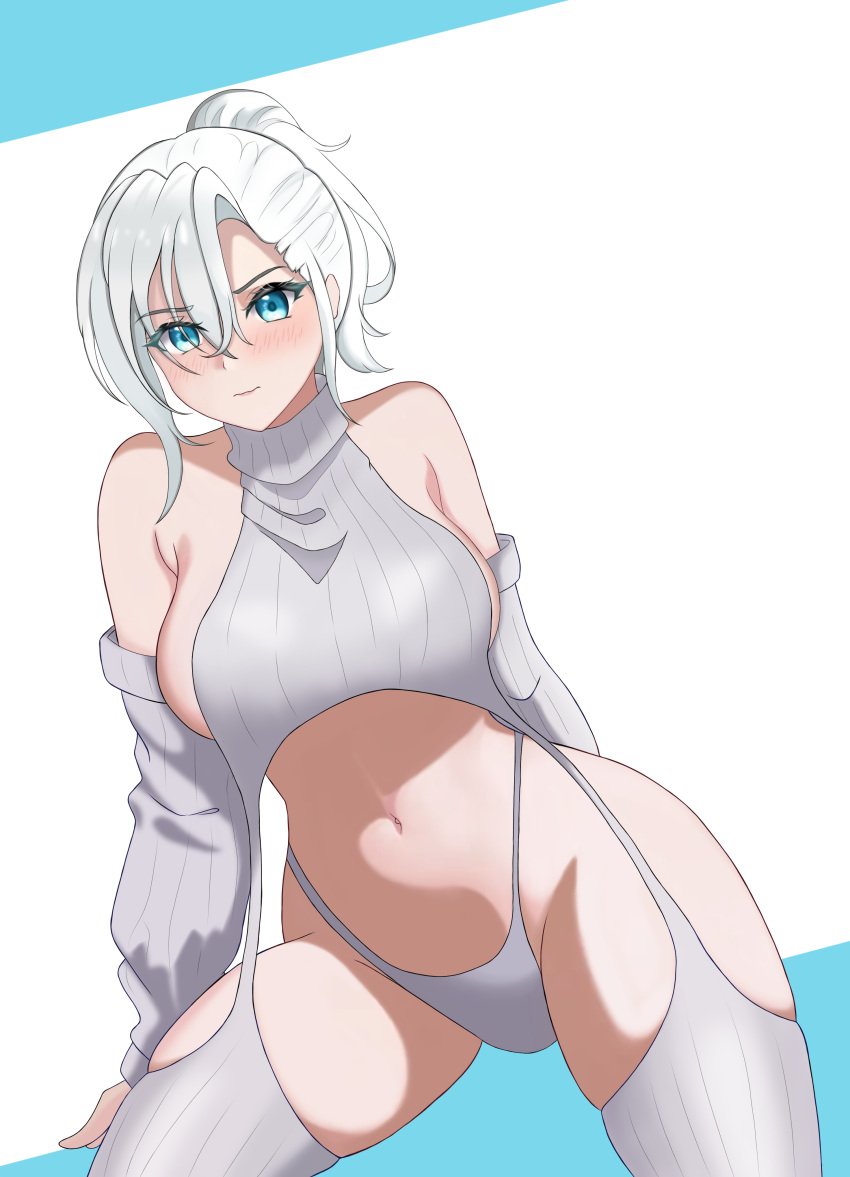 big_breasts blue_eyes breasts female hair_up ponytail rwby sideboob stockings tagme virgin_killer_sweater white_hair winter_schnee