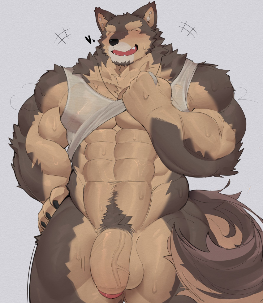 2024 abs anthro barazoku biceps big_muscles big_penis biped brown_body brown_fur canid canine canis clothing domestic_dog flaccid foreskin fur genitals glans hi_res huge_muscles humanoid_genitalia humanoid_penis jewelry lleeffff male mammal muscular muscular_anthro muscular_male necklace pecs penis pubraseer purple_eyes shirt solo standing tank_top topwear vein veiny_penis wet wet_body wet_clothing white_clothing white_shirt white_tank_top white_topwear