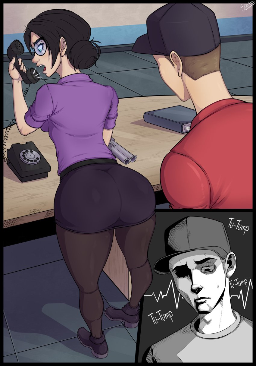 big_ass black_hair boots comic funny glasses miss_pauling pantyhose scout_(team_fortress_2) secretary shadboy short_hair skirt stockings team_fortress team_fortress_2 team_fortress_2_comic tf2 white_skin