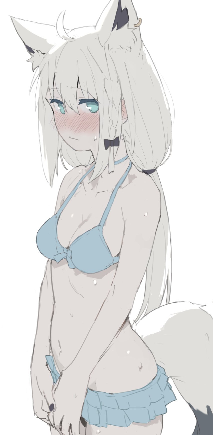 ahoge animal_ear_fluff animal_ears aqua_eyes bare_shoulders bikini bikini_skirt blush braid breasts cleavage closed_mouth collarbone ear_piercing earrings female fox_ears fox_girl fox_tail frilled_skirt frills front-tie_bikini_top front-tie_top hair_between_eyes highres hololive jewelry kujira_pasta long_hair looking_at_viewer low_ponytail medium_breasts navel official_alternate_costume piercing shirakami_fubuki shirakami_fubuki_(hololive_summer_2019) simple_background single_braid single_earring skirt solo sweat swimsuit tail virtual_youtuber white_background white_hair