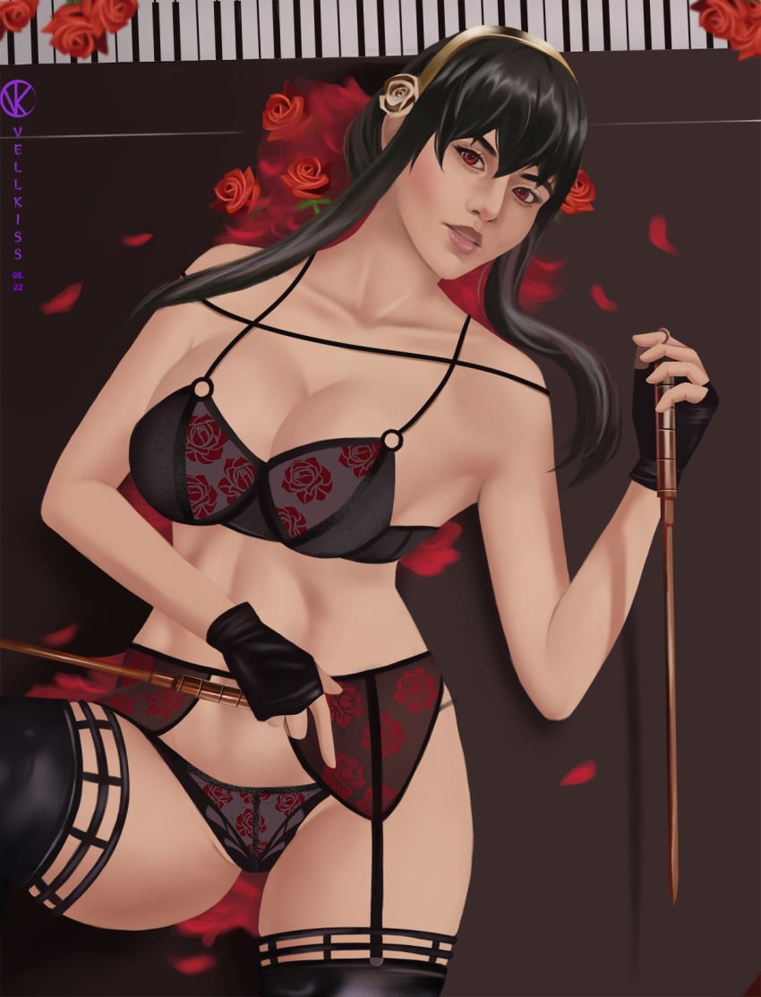 1girls bra female female_only garter_belt garter_straps grand_piano human knives lingerie lingerie_only on_top_of_piano panties rose_petals rose_print solo spy_x_family thighhighs thorn_princess vellkiss yor_briar yor_forger