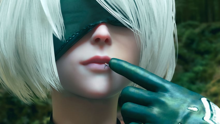 1boy 1girls black_blindfold blindfold clothed extreme_size_difference giantess height_difference kissing kriegimax light-skinned_female light_skin micro micro_male nier nier:_automata nier_(series) size_difference topless_female topless_male white_hair yorha_2b