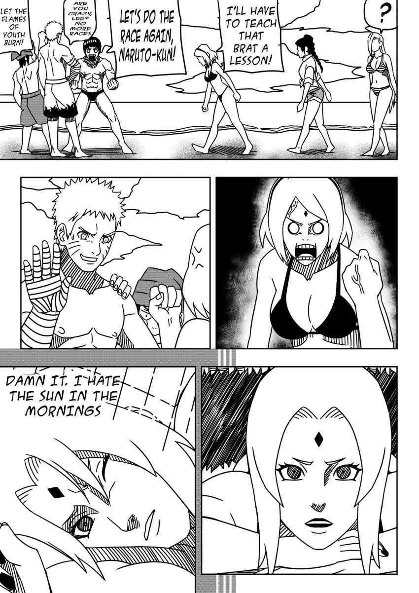 3boys 4girls anger_vein angry beach bikini blank_eyes breasts cleavage clenched_hand comic crying dialogue english_text female furious hiding hiding_behind_another ino_yamanaka male monochrome multiple_boys multiple_girls naruto naruto:_the_last naruto_(series) naruto_shippuden ninrubio relaxing rock_lee sakura_haruno sarutobi_konohamaru scared seaside shirtless shirtless_male shorts smile speech_bubble suggestive swimsuit tears teasing tenten text thong trunk tsunade tsundere uzumaki_naruto