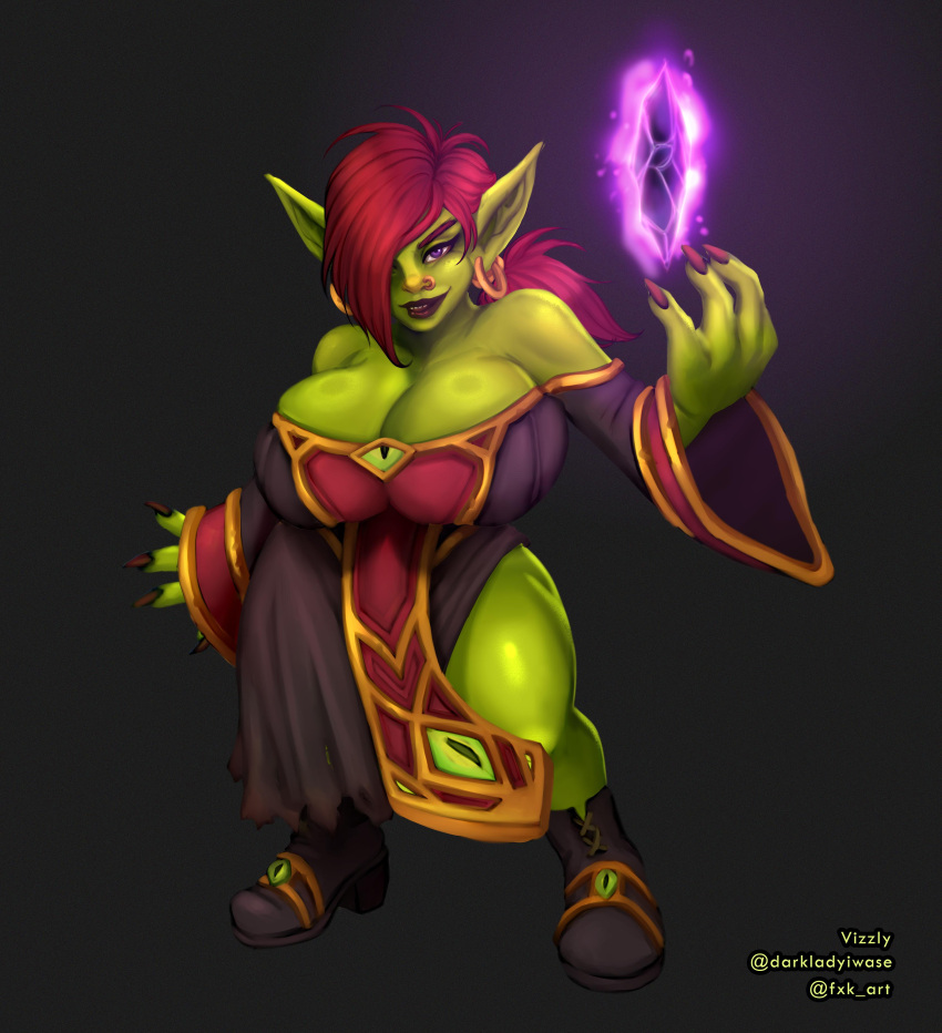 1girls big_ass big_breasts big_butt clothed female goblin goblin_(warcraft) goblin_female lipstick piercings purple_eyes red_hair shortstack solo_female thick_thighs vizzly_flux world_of_warcraft yorioki(artist)