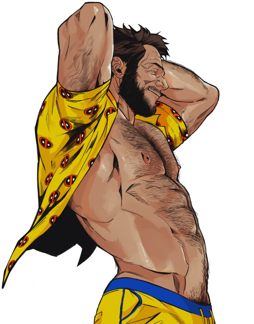 abs bara beard biceps bonjourdraws clothing daddy dilf hairy_chest logan_(x-men) male male_nipples male_only male_pubic_hair manly marvel marvel_comics mature_male muscular_male nipples pecs wolverine_(x-men) x-men