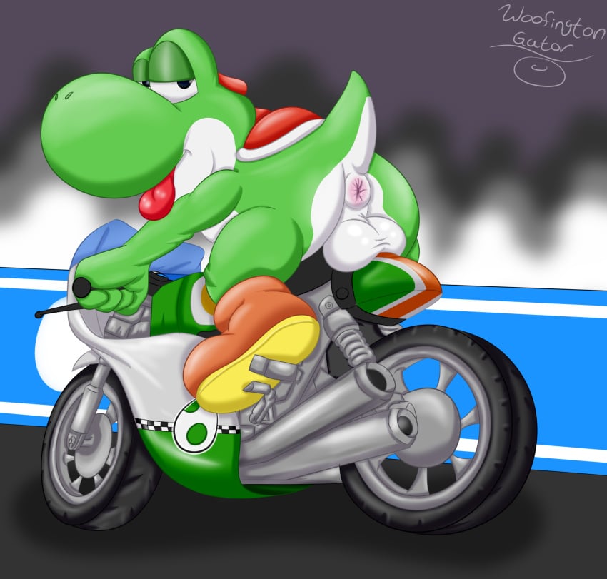 1boy anthro anus ass balls big_balls clothed clothing digital_media_(artwork) dinosaur footwear genitals green_yoshi hi_res looking_at_viewer male male_only mario_(series) motorcycle nintendo nude prehistoric_species presenting presenting_anus presenting_balls puffy_anus reptile saggy_balls scalie simple_background solo tongue tongue_out vehicle woofington_gator yoshi