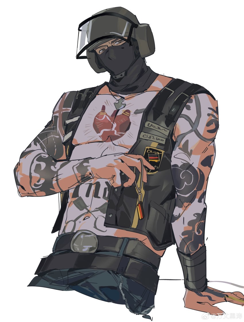 1boy absurdres arm_tattoo bandit_(rainbow_six) bare_pectorals belt cropped_legs denim german_flag_print helmet highres jacket jeans jewelry leaning_back looking_to_the_side male_focus male_only manly masculine mask masked_male mouth_mask navel necklace open_clothes open_jacket pants pectorals rainbow_six_siege si_ming solo sparse_chest_hair tattoo