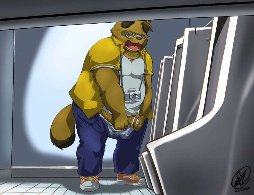 2020 anthro belly bottomwear brown_body brown_fur camera canid canine closed_eyes clothed clothing eyewear fur genitals glasses hi_res kemono kounosuke_(morenatsu) male mammal mesidukainumaru morenatsu open_clothing open_shirt open_topwear overweight overweight_anthro overweight_male pants penis raccoon_dog shirt solo tanuki topwear underwear video_games visual_novel