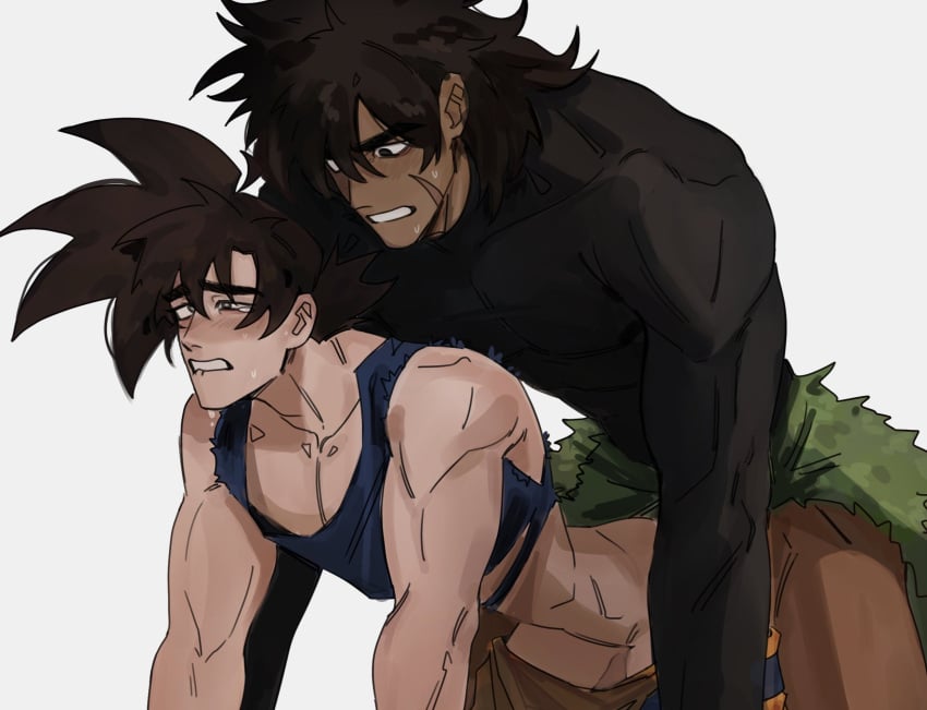 2boys all_fours anal bara biting_own_lip black_eyes black_hair blush broly broly_(dragon_ball_super) convenient_arm dark-skinned_male dark_skin doggy_style dragon_ball dragon_ball_super dragon_ball_super_broly frisk_(coffezit0s) highres implied_sex male_focus multiple_boys muscular muscular_male pectoral_cleavage pectorals shirt short_hair son_goku spiked_hair sweat t-shirt torogao yaoi