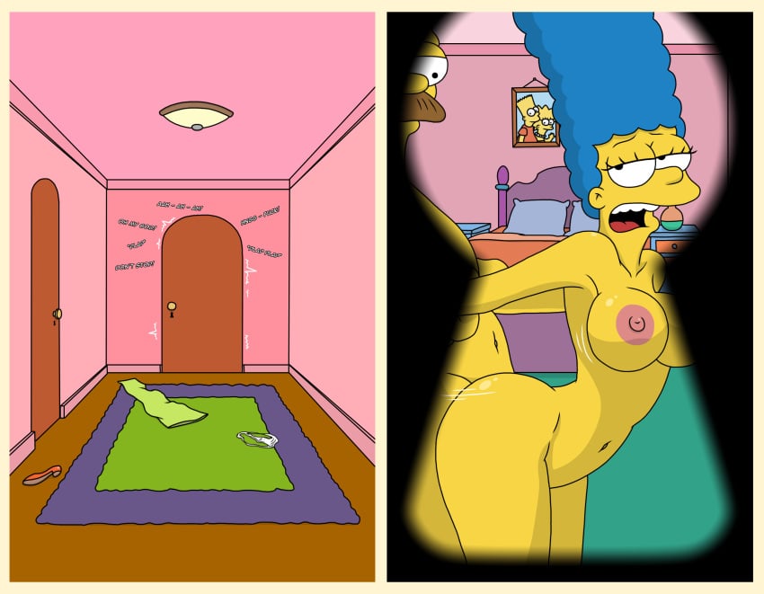 1boy 1boy1girl 1girls bed bedroom blue_hair breasts cheating_wife clothing_on_floor doggy_style door duo female fucked_from_behind green_dress human indoors keyhole male male/female marge_simpson ned_flanders nipples nude nude_female nude_male open_mouth panties sex straight straight_sex the_simpsons unknown_artist yellow_skin