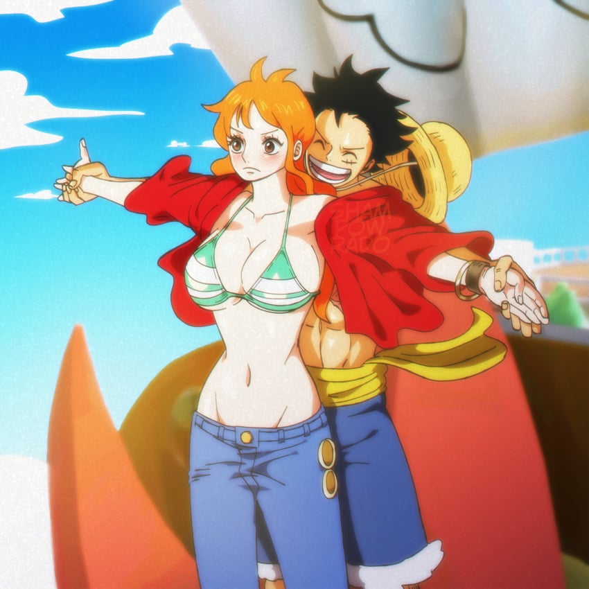 1boy bikini bikini_top_only black_hair blue_sky blush breasts cleavage couple curvy denim female hat jeans large_breasts long_hair male monkey_d_luffy muscular muscular_male nami nami_(one_piece) navel one_piece open_clothes open_shirt orange_hair outstretched_arms pants parody post-timeskip reference scar shampowrado short_hair shorts sky straw_hat thousand_sunny titanic_(movie)